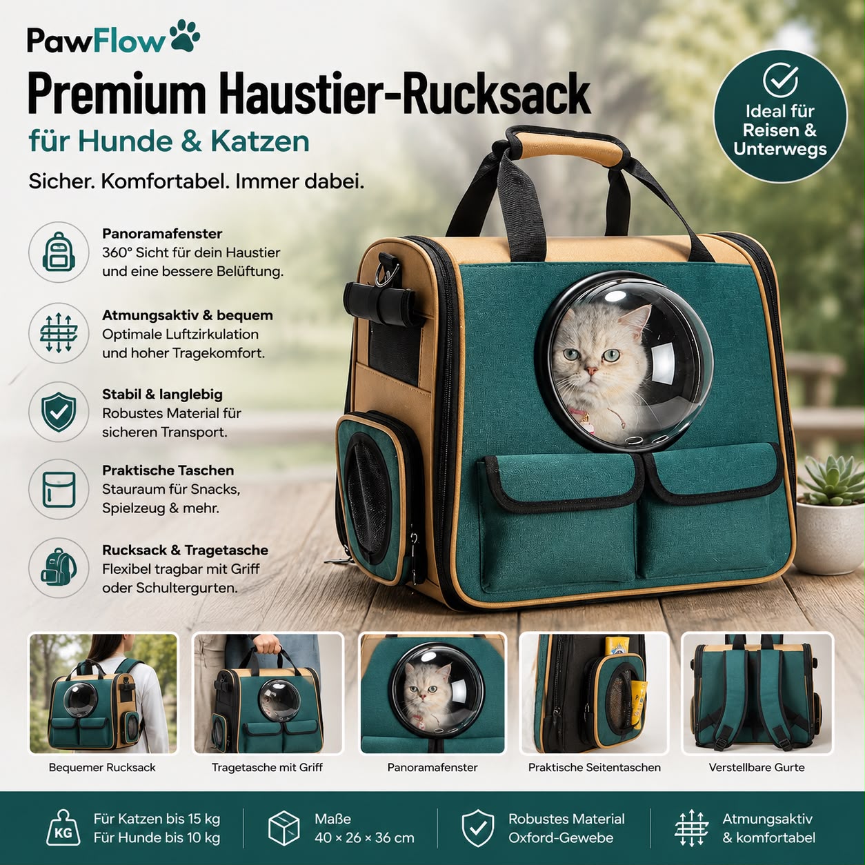 PawFlow Premium Haustier-Rucksack mit Panoramafenster für Hunde & Katzen